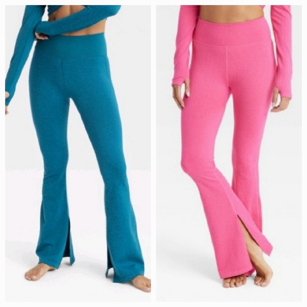 JoyLab Women's High Rise Exta Long Textured Flare Slit Leggings (2) Pink Green